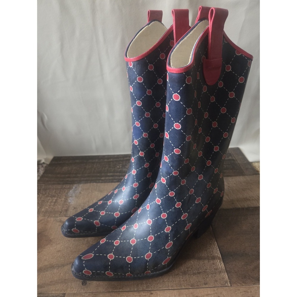 Stadium Stomper Navy/Red Western Cowboy Rubber Rain Boots Womens Sz 7
